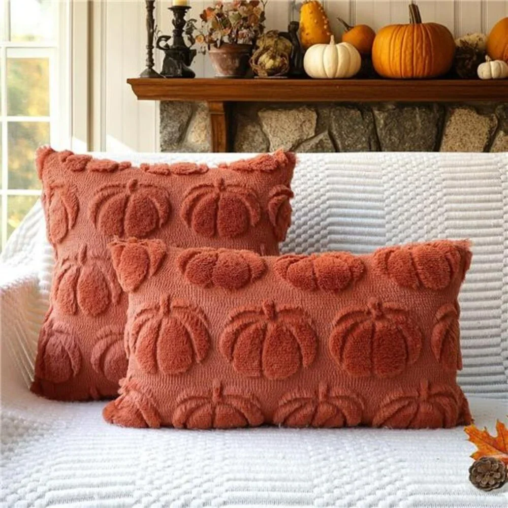 Fall Pumpkin Pillow Covers 18x18 Set of 2 Plush Faux Fur Farmhouse Thanksgiving